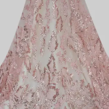 1 Ярд Уникального розового кружева с вышивкой бисером и пайетками для женщин, ткани для платья HY1783