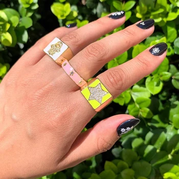 2022 Летнее Новое женское кольцо с открытым пальцем Micro Pave Happy Face Hand в форме звезды и сердца, CZ, неоновая эмаль, красочные украшения для помолвки