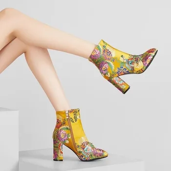 2023 Новые женские ботильоны в этническом стиле, зимние женские ботинки, женская разноцветная обувь на высоком каблуке, женская обувь больших размеров