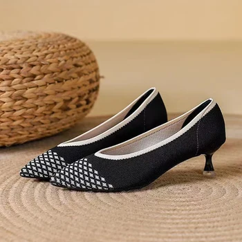 2023 новые женские туфли на высоком каблуке, весна и осень, вязаная модная дышащая нескользящая профессиональная обувь на тонком каблуке с острым носком, модная модная обувь на высоком каблуке