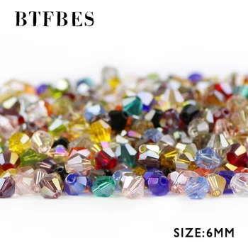 BTFBES Австрийские кристаллы AB Bicone 6 мм, бусины 50psc, Конусообразная стеклянная распорка, Свободная бусина для изготовления ювелирных изделий, сережек, колье, браслета своими руками