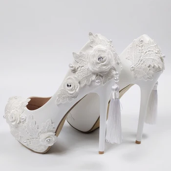 BaoYaFang/ Свадебные туфли на очень высоком каблуке с белым цветком для невесты, женские туфли на высокой платформе, женские модные модельные туфли с круглым носком и кисточками