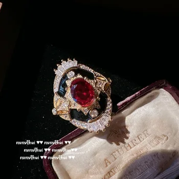 Fahsion Винтажные кольца из 18-каратного золота с масляной капельницей для женщин, Блестящий Красный Циркон, Инкрустация, Роскошные кольца для пальцев, Коктейльные украшения