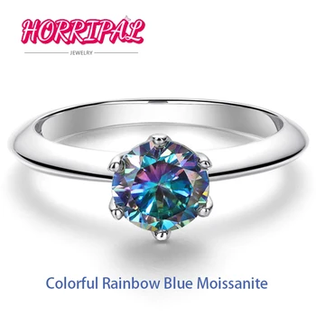 HORRIPAL Rainbow Blue Moissanite Кольцо с 6 Зубцами Дизайн Сверкающий Лабораторный Бриллиант с Сертификатом GRA Pass Tester Женское Кольцо Для Вечеринки