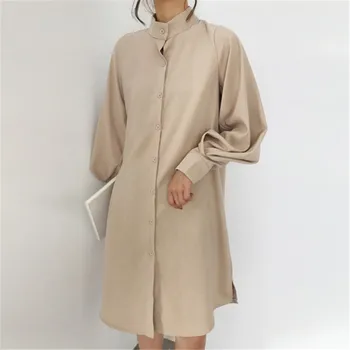 Johnature новый корейский сплошной цвет Свободная базовая рубашка платья для женщин 2024 осень все Матч однобортный рукав-фонарик, платье