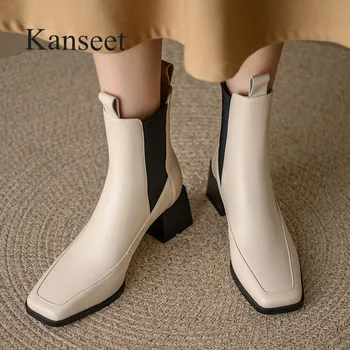 Kanseet, осенне-зимние Короткие женские ботинки, обувь из натуральной кожи с квадратным носком, женские ботильоны на эластичном высоком каблуке, Бежевый, Черный, Новый