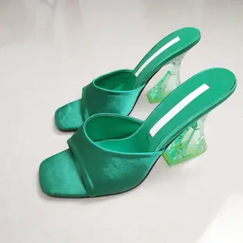 Meotina/ Женская модная обувь; Тапочки на очень высоком каблуке с квадратным носком; Женские босоножки на каблуке в необычном стиле; Летние Зеленые 42 г.