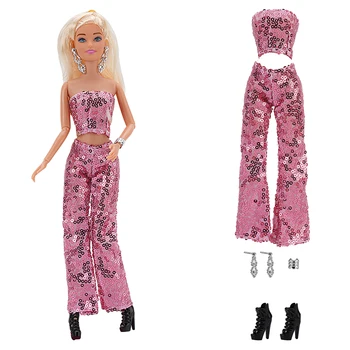 NK 1 комплект 1/6 Розового сценического костюма принцессы, туфли в простом стиле, Серьги, браслеты для куклы Барби, аксессуары, Подарочная игрушка