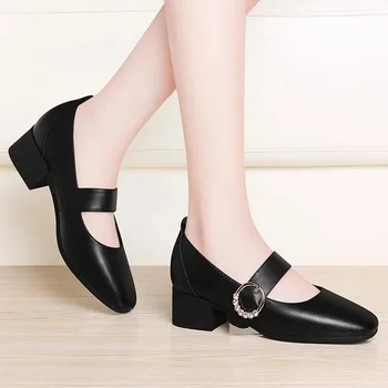 Sapatos Femininas, женские Милые серебристые туфли на квадратном каблуке высокого качества, женские Классические Черные Комфортные летние туфли на высоком каблуке E6962