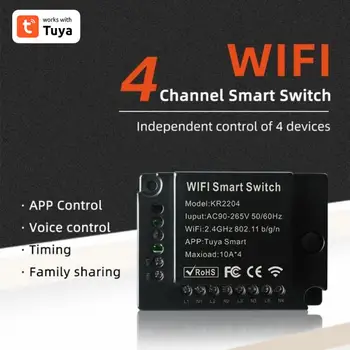 Tuya Smart Life 4-полосный WiFi Интеллектуальный Переключатель таймера освещения Беспроводное приложение Дистанционное Голосовое управление Модуль выключателя Home