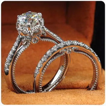 Винтажные наборы свадебных колец с кристаллами серебристого цвета AAAA cz, обручальные кольца для влюбленных, кольца для женщин, модные украшения для вечеринок