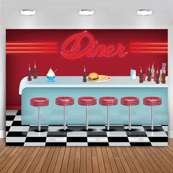 Винтажный фон американской закусочной 1950-х годов, кафе быстрого питания 50-х годов, магазин газировки, ретро-ресторан, бар, декор для вечеринки по случаю дня рождения