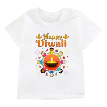 Детская футболка с принтом Happy Diwali Для мальчиков, Белая рубашка Deepavali Для девочек, Розовые Наряды, Праздничные Детские Футболки, Топ с коротким рукавом