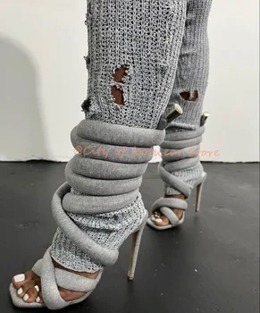 Женские Серые Босоножки на шнуровке с открытым носком, на шпильке, на высоком каблуке, Летнее Роскошное Дизайнерское вечернее платье, Удобная обувь большого размера