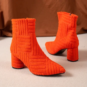 Женские ботинки, осенние женские ботильоны, Зеленые римские ботинки с острым носком, джинсовые пикантные ботинки на квадратном каблуке с боковой молнией.