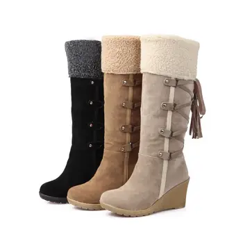 Женские высокие зимние ботинки, женские модные зимние ботинки на шнуровке с кисточками, зимние ботинки на платформе до колен, теплые хлопковые ботинки Botas Mujer
