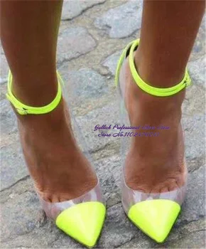Женские неоново-желто-розовые туфли из лакированной кожи с ремешком на щиколотке и пряжкой 12 см, 10 см, 8 см, свадебные туфли-лодочки из прозрачного ПВХ в стиле пэчворк с острым носком