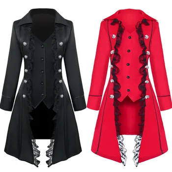Женское пальто с кружевной отделкой на шнуровке, средневековый стимпанк, Викторианский стиль, готический жакет, Благородное придворное ретро-платье, костюм на Хэллоуин