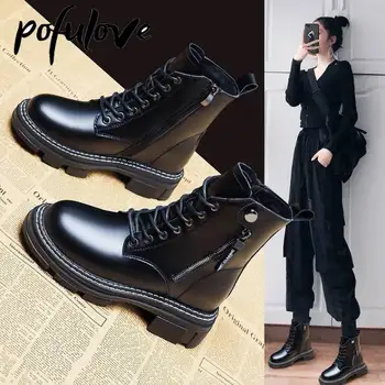 Зимние ботинки Pofulove, женские ботильоны, черные ботинки на платформе, обувь в готическом стиле, кожаные ботинки на шнуровке, дизайнерские ботинки Fahsion