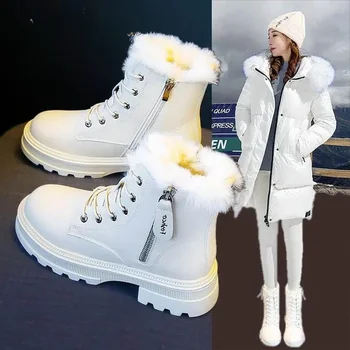 Зимние ботинки, плюшевые теплые ботинки среднего размера, женские черно-белые зимние утепленные теплые зимние ботинки на плоской подошве Zapatos Mujer