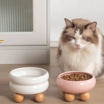 Керамические миски для кормления кошек Большой емкости Защита шеи от рвоты Миски для еды и воды диспенсер для еды с деревянной подставкой для шариков