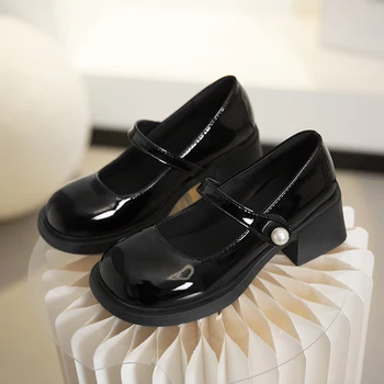 Классические туфли-лодочки Женские туфли-оксфорды с ремешком и пряжкой на среднем квадратном каблуке из цельной кожи для женщин Летняя обувь на платформе Zapatos De Mujer