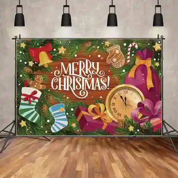 ЛУНА.QG Фон Деревянная доска С Рождеством, баннер для детской вечеринки, подарочный пакет с колокольчиком, звезда, декор из зеленой сосны, фотобудка