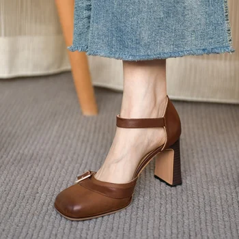 Летние сандалии, женские туфли-лодочки На толстом каблуке, женская обувь на каблуке из натуральной воловьей кожи, женская ретро-обувь с одним ремешком во французском стиле