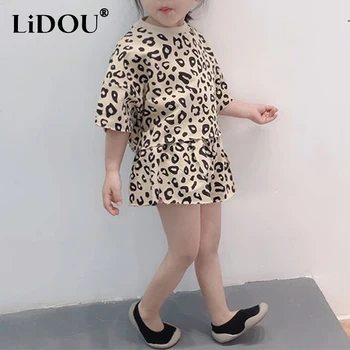 Летняя Корейская мода Y2K, леопардовые комплекты для девочек, Спортивный шикарный Свободный Повседневный детский костюм в полоску, Милая кавайная милая детская одежда