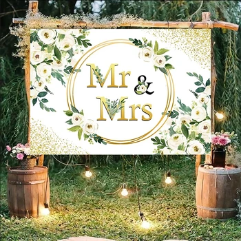 Мистер и миссис Пригласительный баннер с Годовщиной Свадьбы, фон для фотографии с белой розой, зеленый лист, Гостевая вывеска, Деревянная цветочная стена