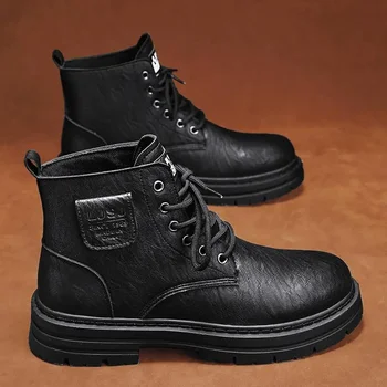 Модная брендовая мужская осенняя рабочая одежда в британском ретро стиле, черные мотоциклетные кожаные ботинки, мужские спортивные грузовые ботинки