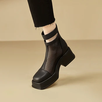 Новые летние сетчатые ботинки 2023, женские сетчатые крутые ботинки на толстом каблуке, ретро-версия, полые короткие ботинки, Дышащие сетчатые ботинки.