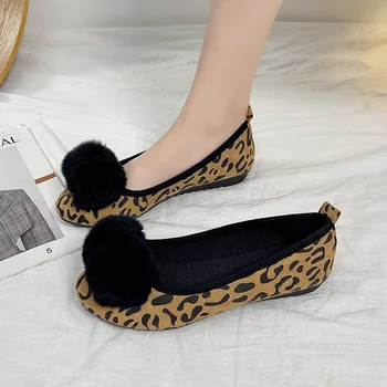 Обувь для женщин, осень 2023, горячая распродажа, круглый головной светильник на плоской подошве с леопардовым большим и неглубоким вырезом для комфорта, повседневная обувь на плоской подошве