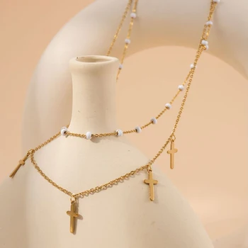 Ожерелье из 18-каратного золота для женщин и мужчин, многослойная цепочка из нержавеющей стали, подвеска в виде креста, подарки из бисера, модные украшения, бесплатная доставка