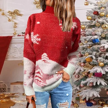 Рождественский плюшевый свитер с высоким воротом, Элегантный Однотонный принт с длинным рукавом, женская одежда, Повседневный Свободный Теплый праздничный свитер Леди