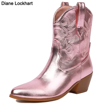 Розовые ковбойские сапоги-пастушки для женщин 2023, модные вышитые ботильоны в западном стиле с острым носком на массивном каблуке, блестящая обувь, бесплатная доставка
