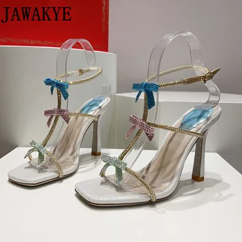 Роскошные брендовые сандалии, Женские вечерние туфли с разноцветными кристаллами и бантом, босоножки на высоком каблуке, летняя обувь для девочек 2024