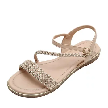 Сандалии на плоской подошве, женские летние новые удобные модные сандалии на плоской подошве, вязаные сандалии в римском стиле.