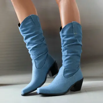 Синие джинсы, ковбойские сапоги в стиле Вестерн в складку, большие размеры 46 47 48, женские ботинки до середины икры на высоком массивном каблуке, зимняя теплая обувь в готическом стиле