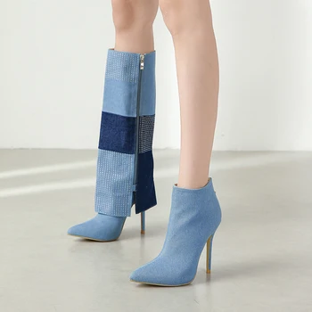 Синие длинные сапоги Со стразами, женские ботильоны на высоком каблуке-шпильке с острым носком, Botas Cowboy Mujer