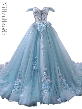 Синие пышные платья с открытыми плечами, платье принцессы для выпускного вечера, бальное платье с аппликацией и небольшим шлейфом, Vestidos De 15