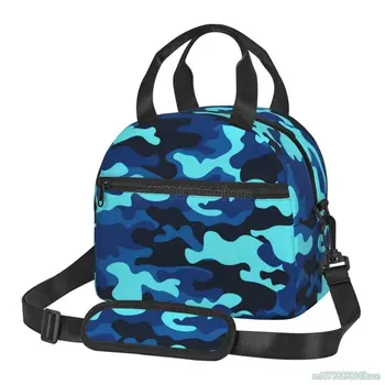 Синий камуфляж с художественным рисунком Изолированная сумка для ланча Многоразовые Термозащитные сумки-холодильники для Бенто для работы Школы путешествий Пикника