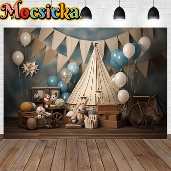 Фон для фотосъемки с тортом на 1-й день рождения мальчика, игрушечный воздушный шар, палатка для щенков, декоративный фон для фотосессии новорожденных в фотостудии