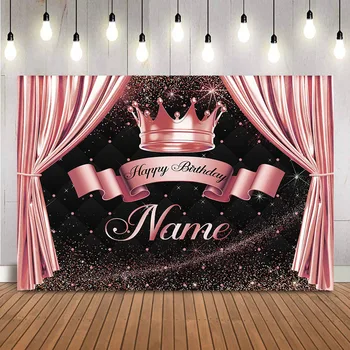 Фон с Днем рождения, Королевский Наследный принц, Розовый блестящий фон для фотографий, Золотой занавес, Индивидуальное название, Принадлежности для украшения вечеринки.