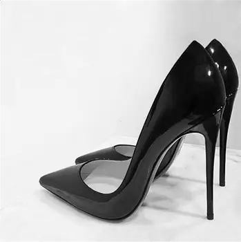 Хит продаж, Черные туфли-лодочки из лакированной кожи с острым носком на высоком каблуке 12 см, женские туфли-лодочки на высоком каблуке-шпильке без застежки, Женская обувь на заказ