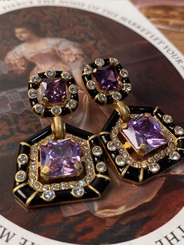 Чешские серьги с фиолетовым драгоценным камнем с эмалью, Винтажная роскошная геометрическая подвеска, винтажные придворные украшения для ушей
