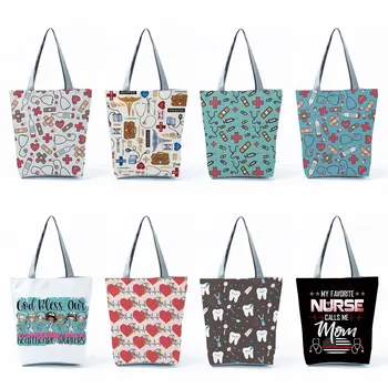 Эко-многоразовые женские сумки через плечо, дорожные пляжные сумки для покупок, сумки с мультяшным принтом медсестры, складные сумки-тоут.