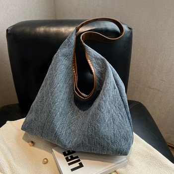 Джинсовая женская сумка через плечо большой емкости, дизайн женской сумки-бродяги, повседневные большие сумки, синие женские сумки для рук, холщовые сумки через плечо